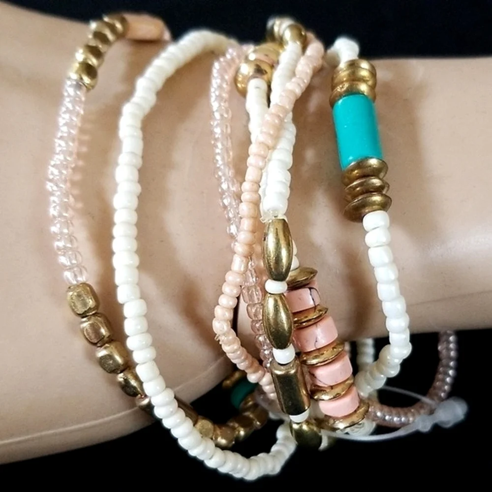 Vintage Boho Turquoise Coral Goldtone Beaded Stackable Stretch Bracelet Set - Picture 11 of 16